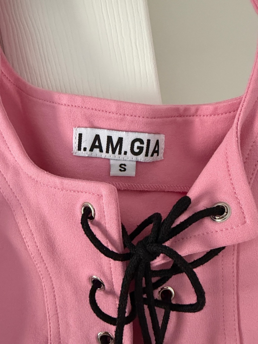 I.AM.GIA Pink Lace-Up Corset Crop Top with Black Ties - Picture 2 of 3